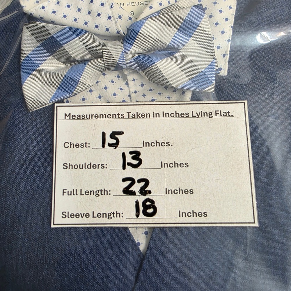 Van Heusen Boy Size 8 3 Piece Dress Set Blue Plaid Bow Tie White Dot Shirt Vest - Picture 6 of 12